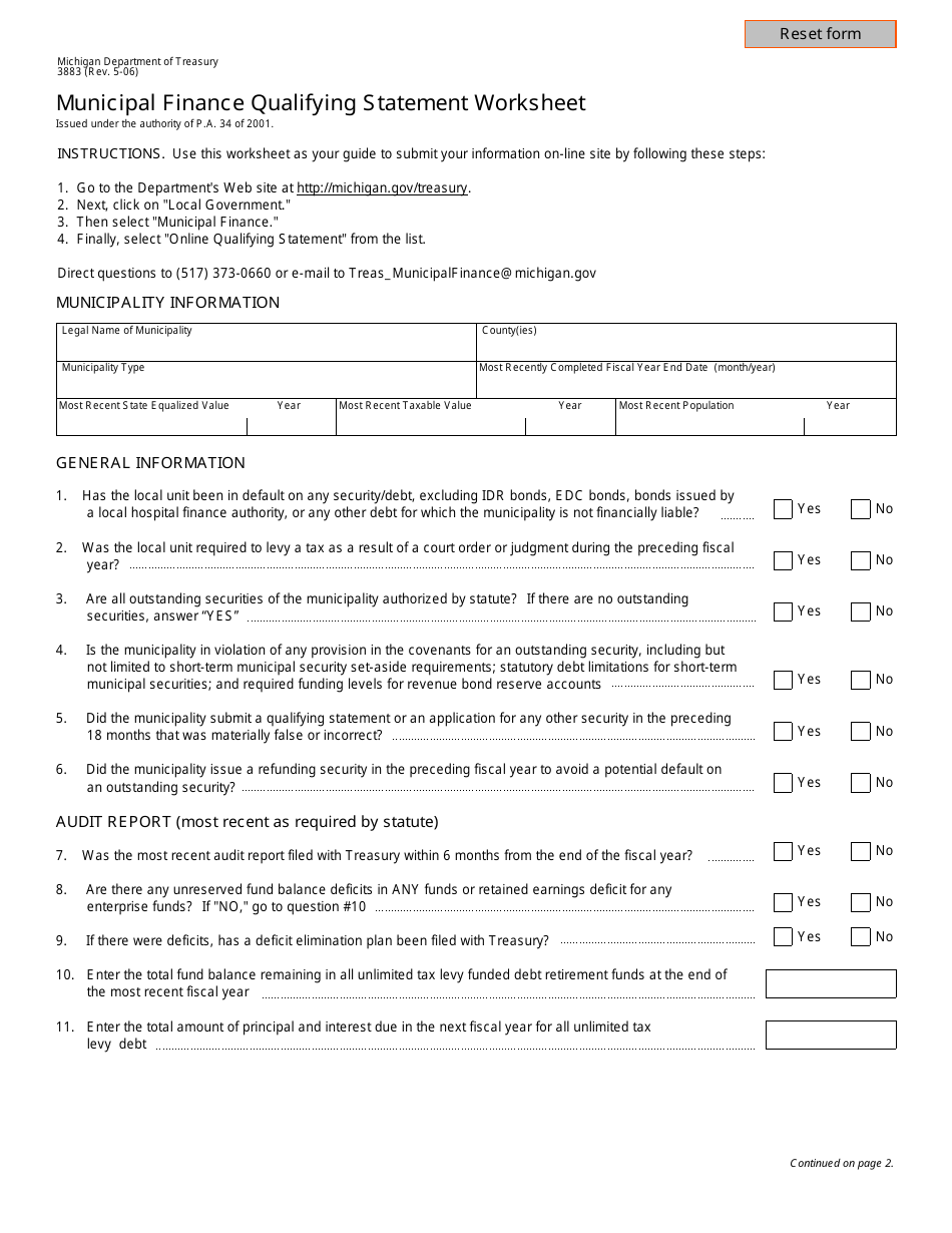 Form 3883 Municipal Finance Qualifying Statement Worksheet - Michigan, Page 1