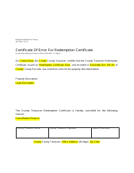 Document preview: Sample Form 3912 Certificate of Error for Redemption Certificate - Michigan