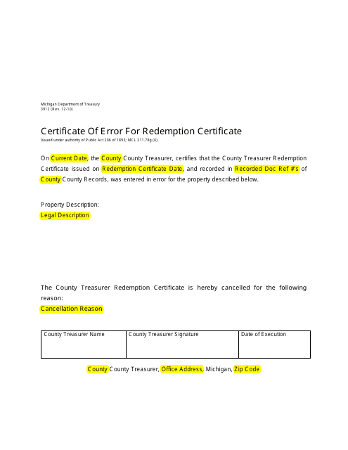 Sample Form 3912 Certificate of Error for Redemption Certificate - Michigan