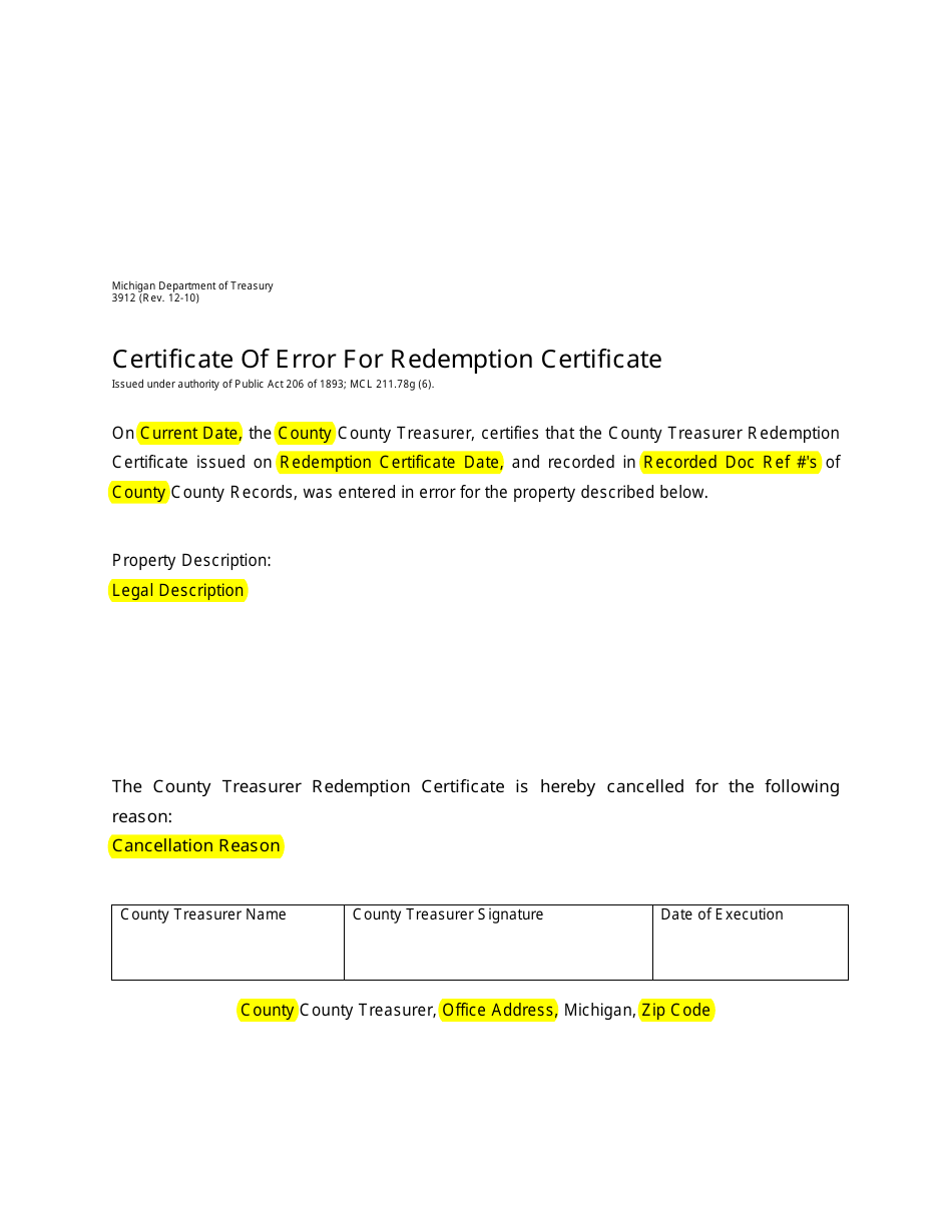 Sample Form 3912 Certificate of Error for Redemption Certificate - Michigan, Page 1
