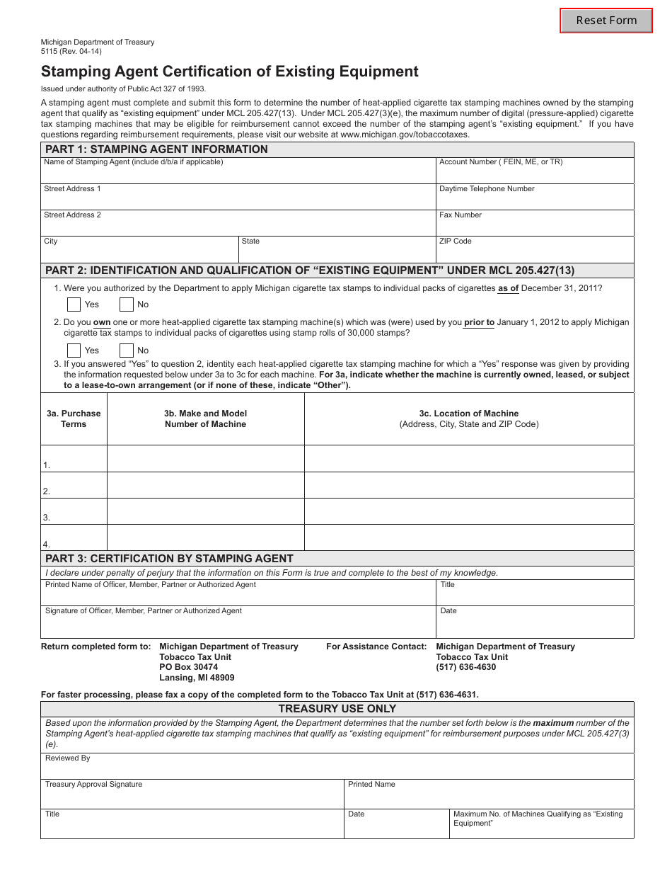 Form 5115 Stamping Agent Certification of Existing Equipment - Michigan, Page 1