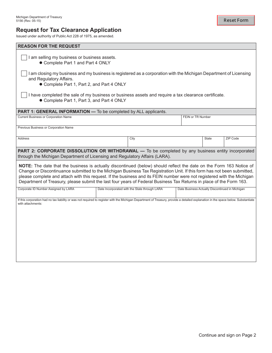 Form 5156 Request for Tax Clearance Application - Michigan, Page 1