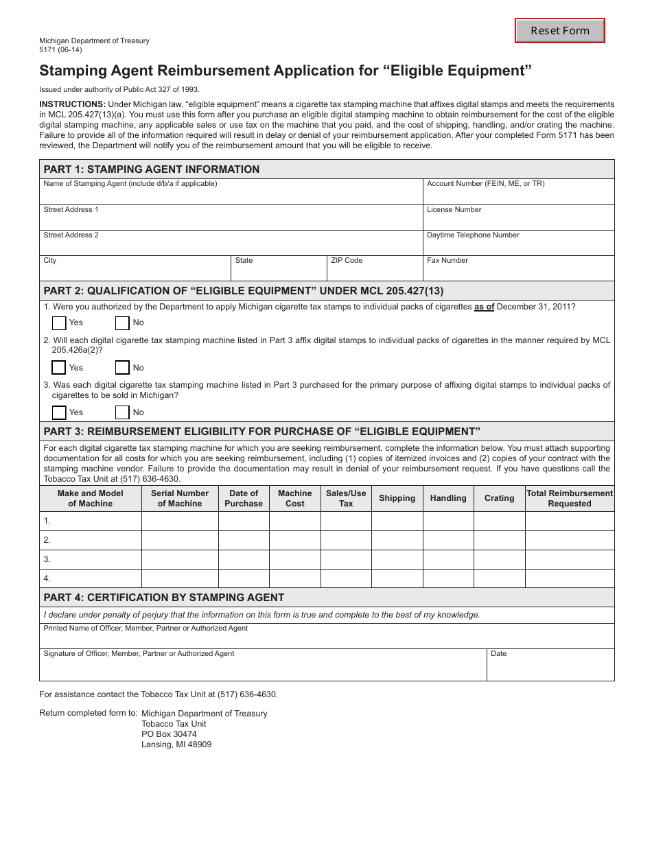 Form 5171 Stamping Agent Reimbursement Application for eligible Equipment - Michigan, Page 1