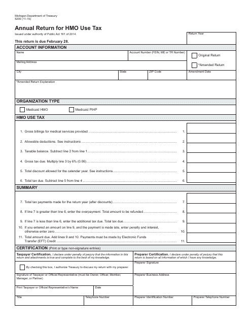 Form 5200 Annual Return for HMO Use Tax - Michigan
