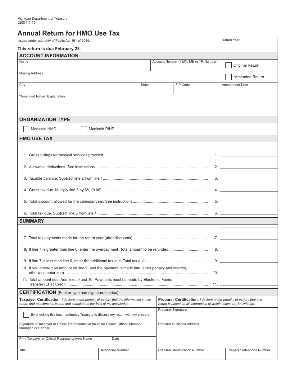 Form 5200 Annual Return for HMO Use Tax - Michigan, Page 1