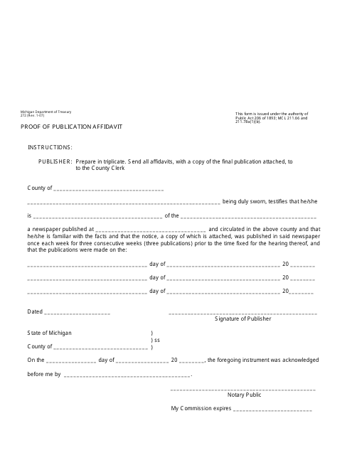 Form 272 Proof of Publication Affidavit - Michigan