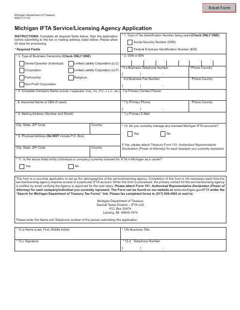 Form 5224 Michigan Ifta Service/Licensing Agency Application - Michigan