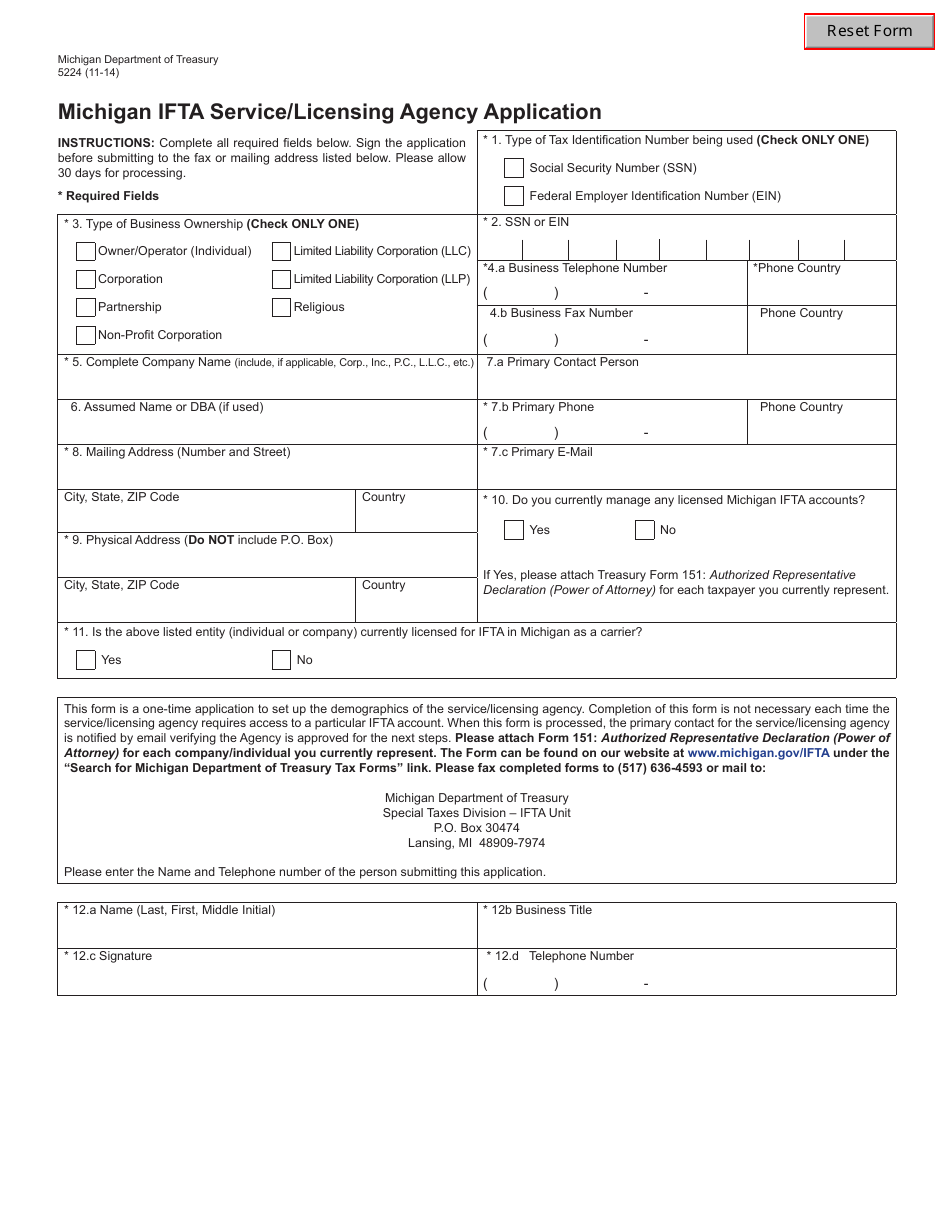 Form 5224 Michigan Ifta Service / Licensing Agency Application - Michigan, Page 1