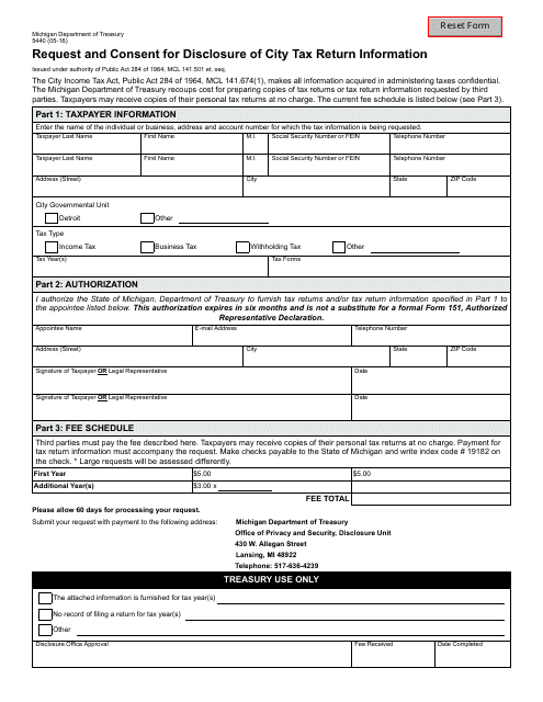 Form 5440 Request and Consent for Disclosure of City Tax Return Information - Michigan