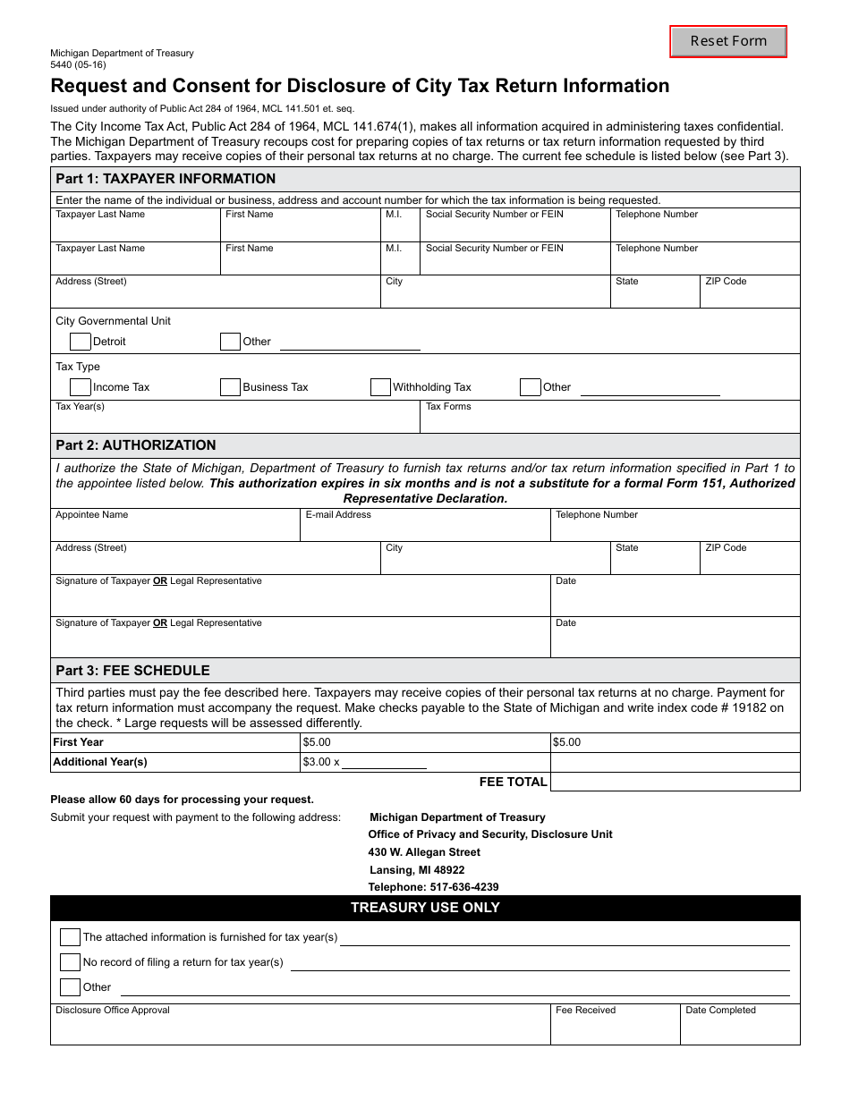 Form 5440 Request and Consent for Disclosure of City Tax Return Information - Michigan, Page 1