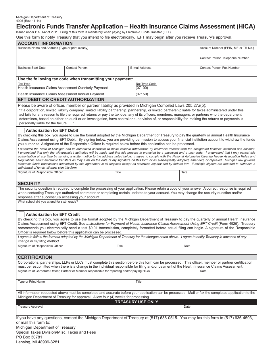 Form 4926 Electronic Funds Transfer Application - Health Insurance Claims Assessment (Hica) - Michigan, Page 1