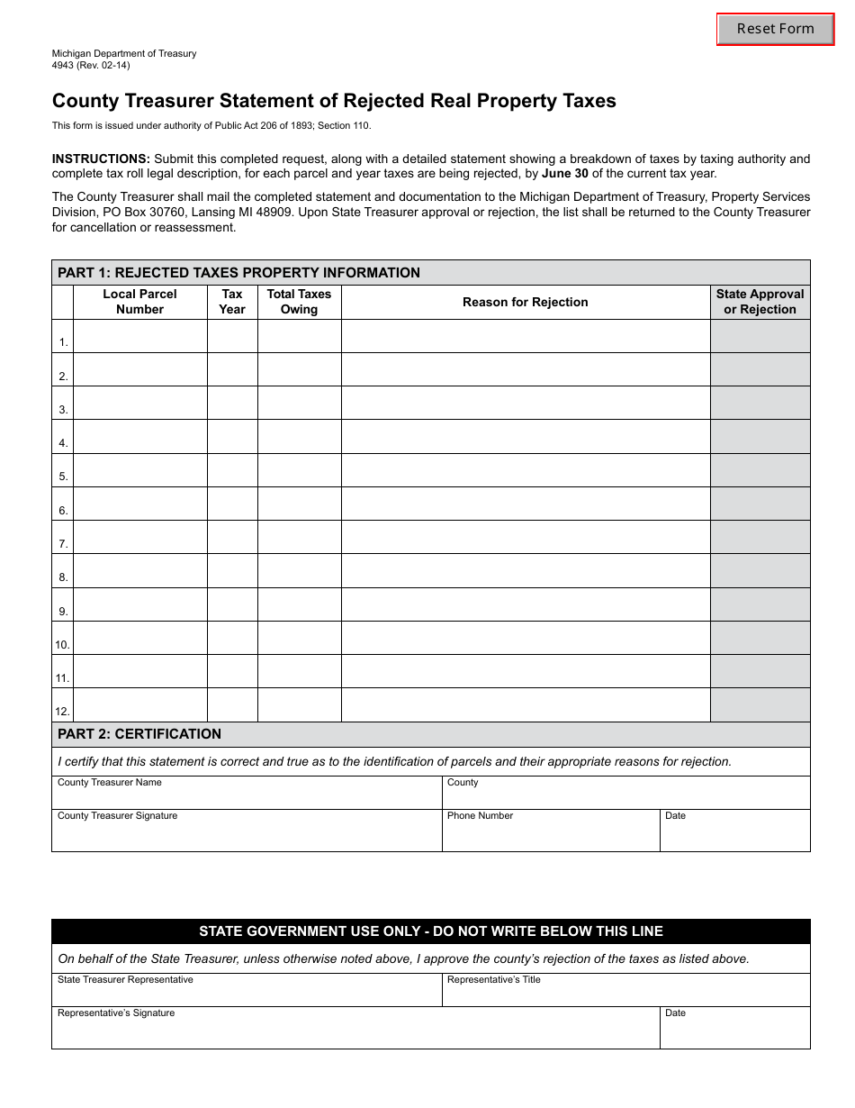 Form 4943 County Treasurer Statement of Rejected Real Property Taxes - Michigan, Page 1