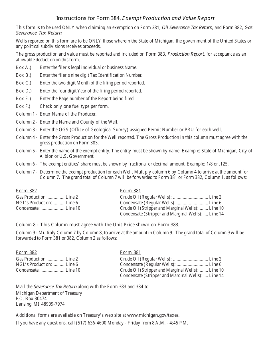 Form 384 Exempt Production and Value Report by Well Schedule - Michigan, Page 2