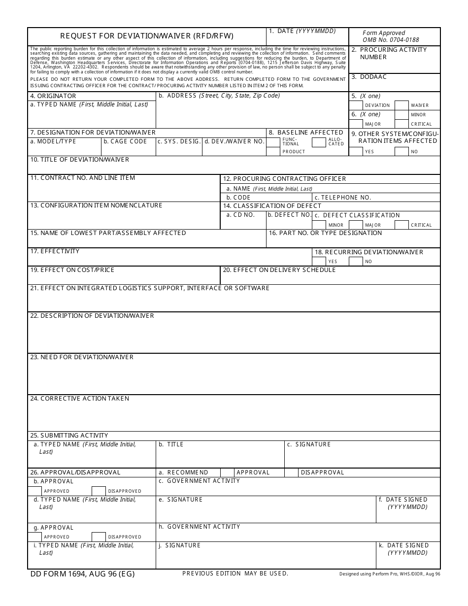 DD Form 1694 Request for Deviation / Waiver (Rfd / Rfw), Page 1