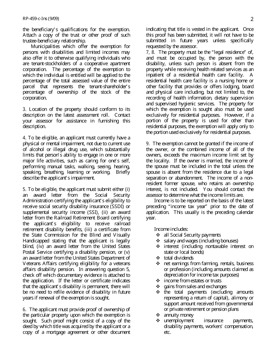 Instructions for Form RP-459-C Partial Property Tax Exemption for Persons With Disabilities and Limited Incomes With Disabilities and Limited Incomes - New York, Page 2