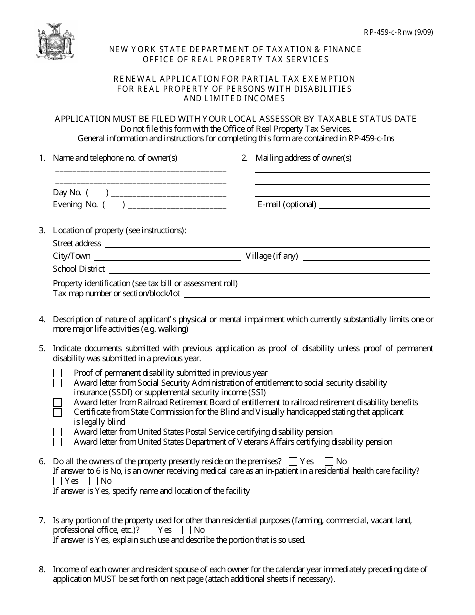 Form RP-459-C-RNW Renewal Application for Partial Tax Exemption for Real Property of Persons With Disabilities and Limited Incomes - New York, Page 1