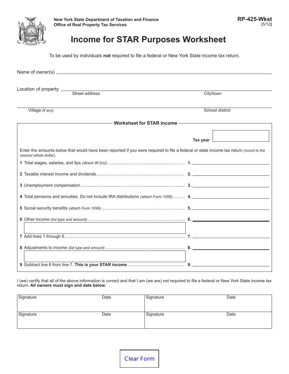 Form RP-425-Wkst Income for Star Purposes Worksheet - New York, Page 1