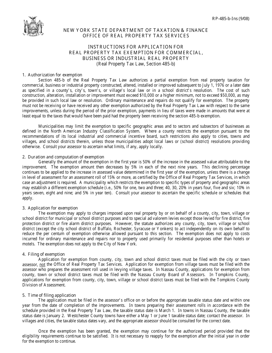 Instructions for Form RP-485-B Application for Real Property Tax Exemption for Commercial, Business or Industrial Real Property - New York, Page 1