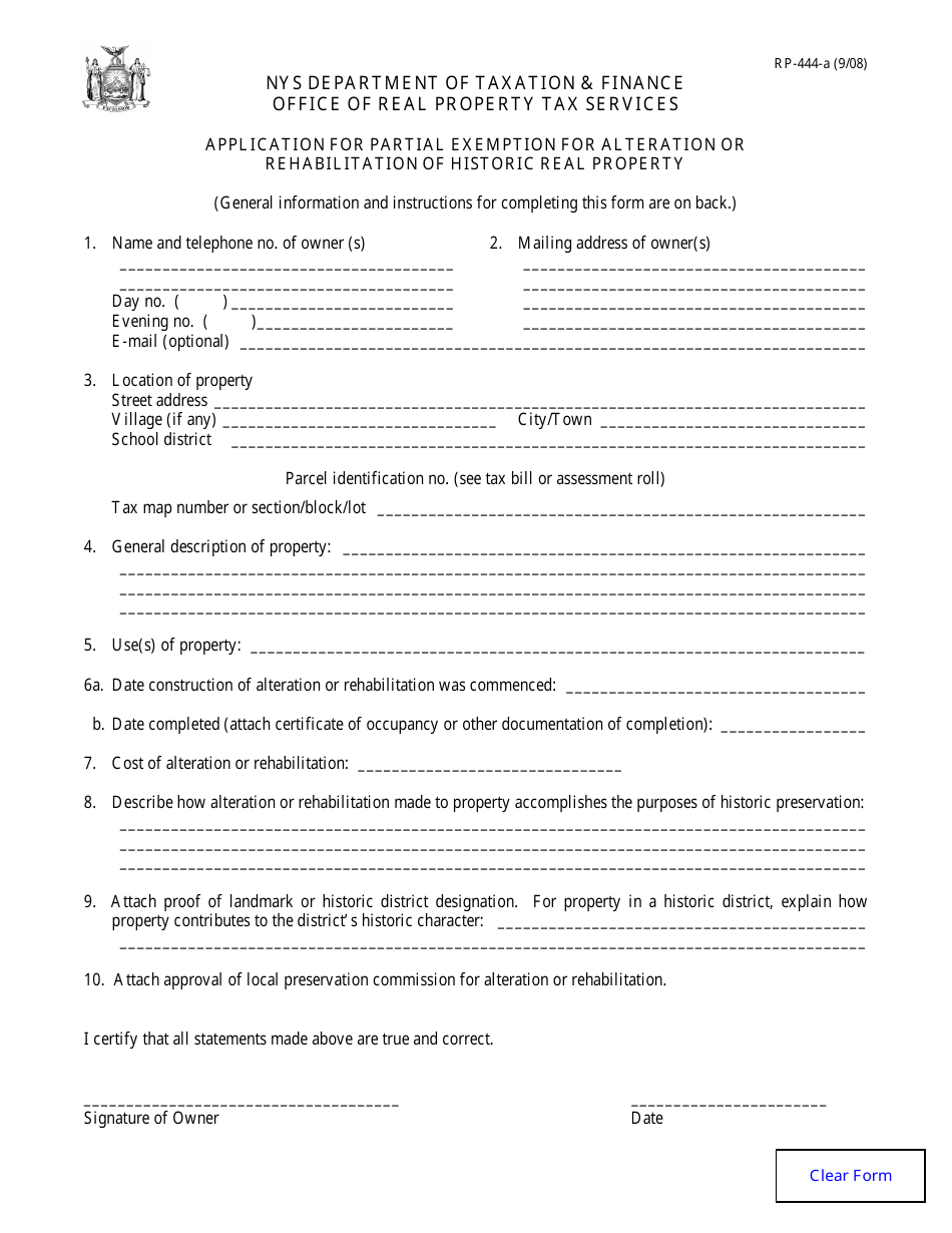 Form RP-444-A Application for Partial Exemption for Alteration or Rehabilitation of Historic Real Property - New York, Page 1