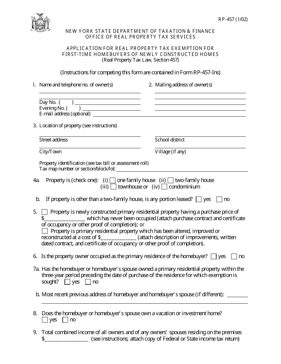 Form RP-457 Application for Real Property Tax Exemption for First-Time Homebuyers of Newly Constructed Homes - New York, Page 1