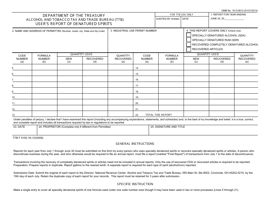 TTB Form 5150.18 Users Report of Denatured Spirits, Page 1