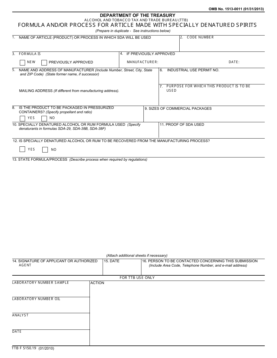 TTB Form 5150.19 Formula and / or Process for Article Made With Specially Denatured Spirits, Page 1