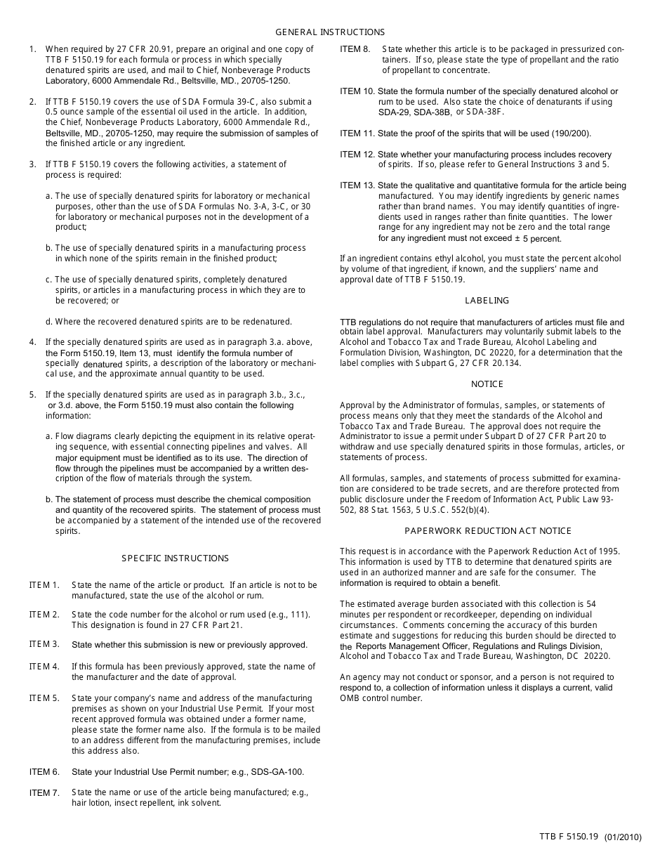 TTB Form 5150.19 Formula and / or Process for Article Made With Specially Denatured Spirits, Page 2