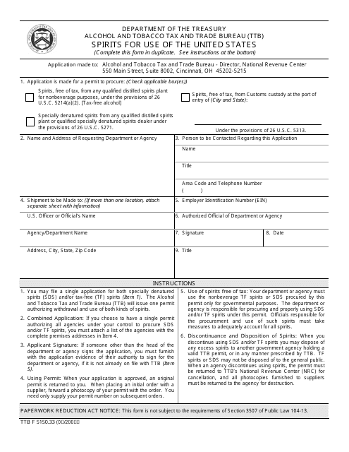 TTB Form 5150.33 Spirits for Use of the United States
