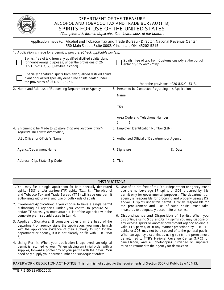 TTB Form 5150.33 Spirits for Use of the United States, Page 1