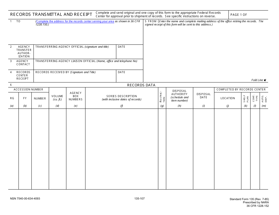 Form SF-135 Records Transmittal and Receipt, Page 1
