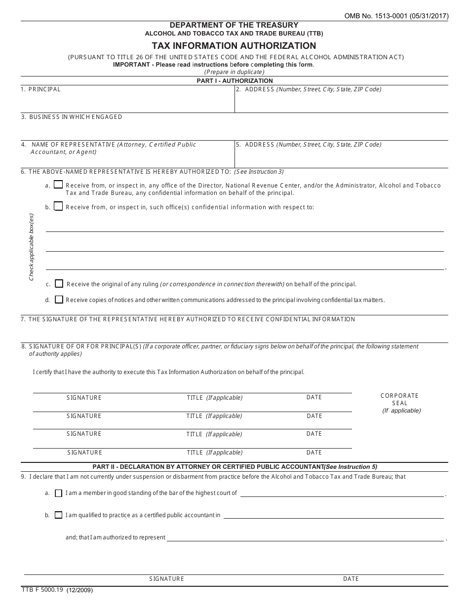 TTB Form 5000.19 Tax Information Authorization, Page 1