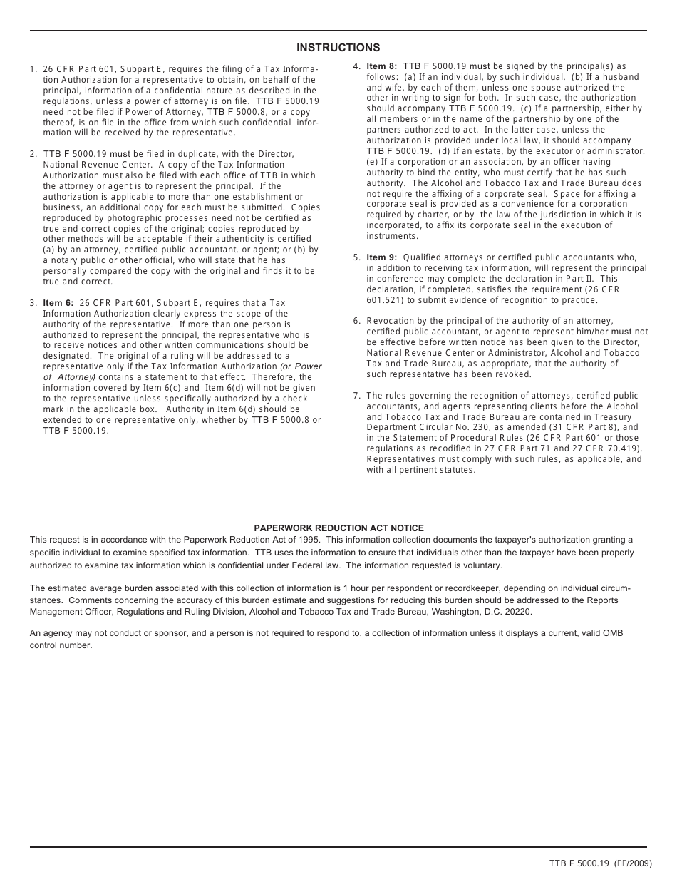 TTB Form 5000.19 Tax Information Authorization, Page 2