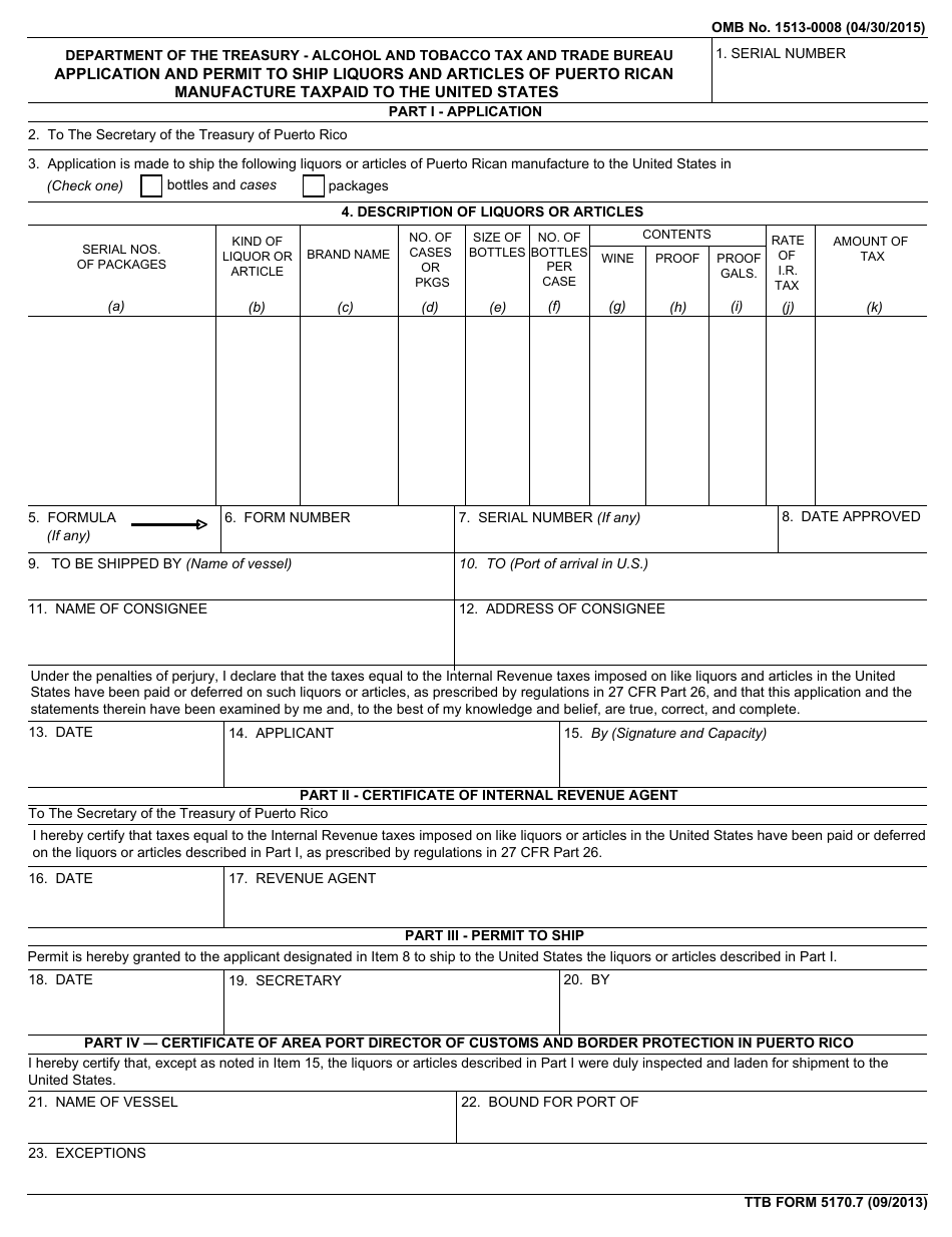 TTB Form 5170.7 Application and Permit to Ship Liquors and Articles of Puerto Rican Manufacture Taxpaid to the United States, Page 1