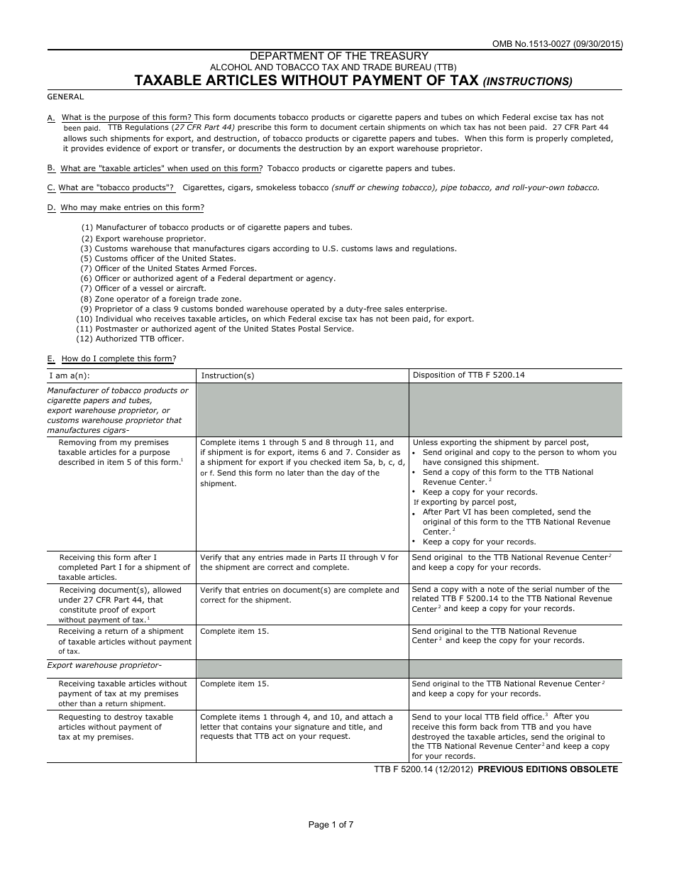 TTB Form 5200.14 Taxable Articles Without Payment of Tax, Page 1
