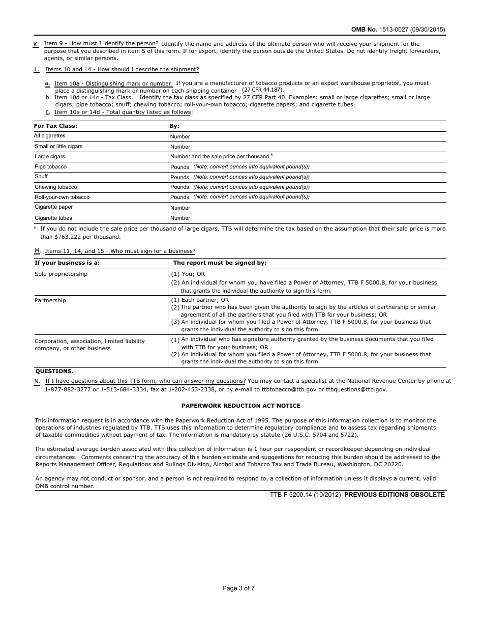 TTB Form 5200.14 Taxable Articles Without Payment of Tax, Page 3
