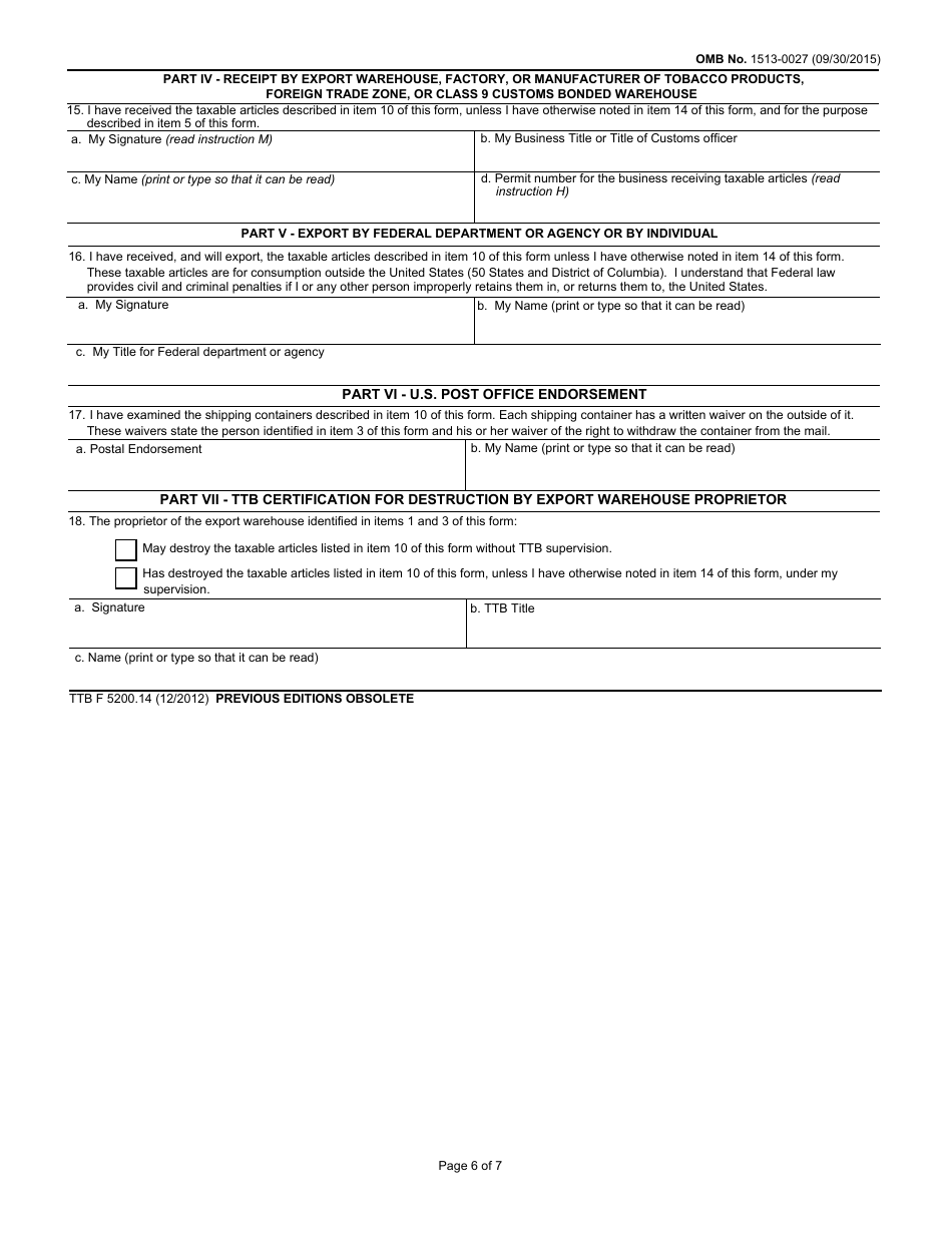 TTB Form 5200.14 Taxable Articles Without Payment of Tax, Page 6