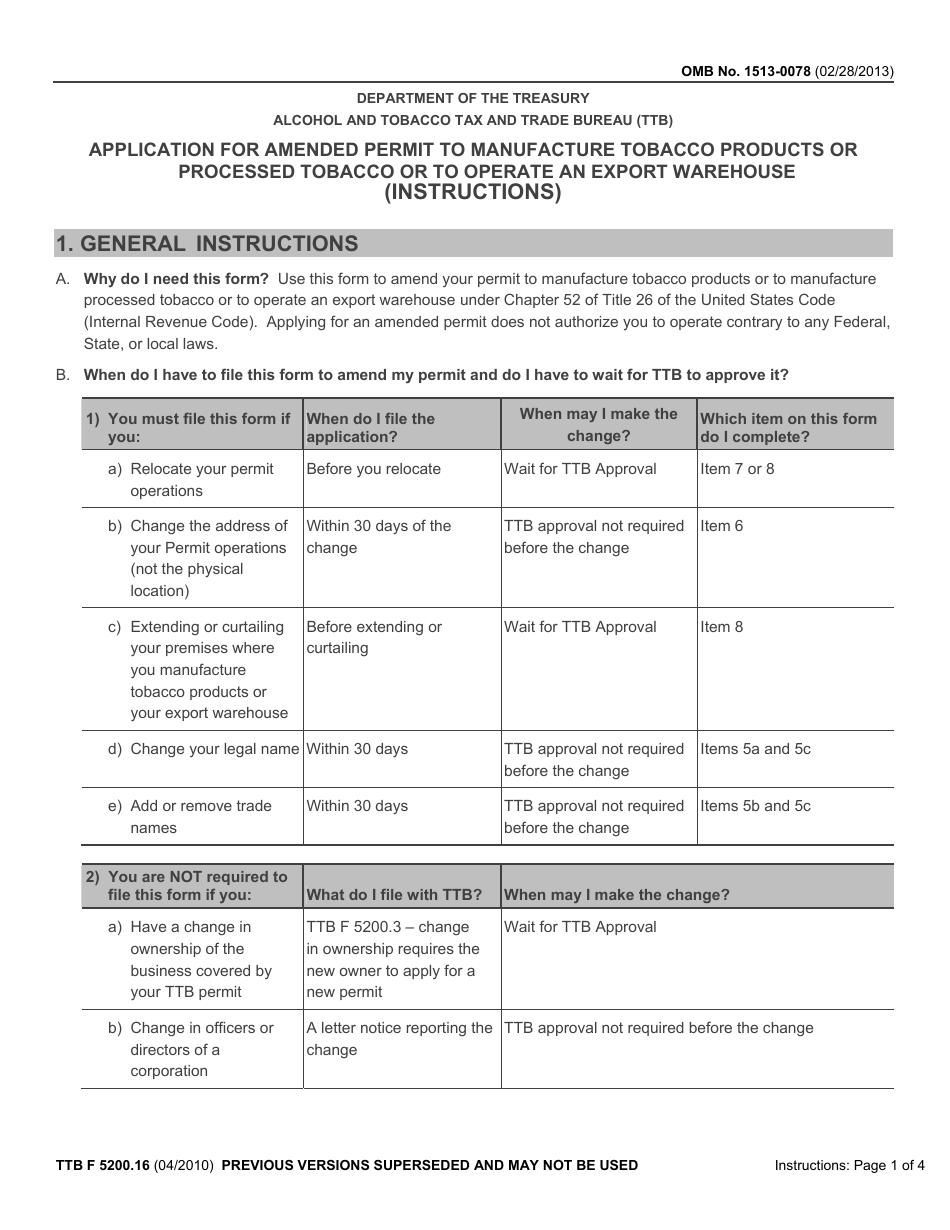 TTB Form 5200.16 Application for Amended Permit to Manufacture Tobacco Products or Processed Tobacco or to Operate an Export Warehouse, Page 3