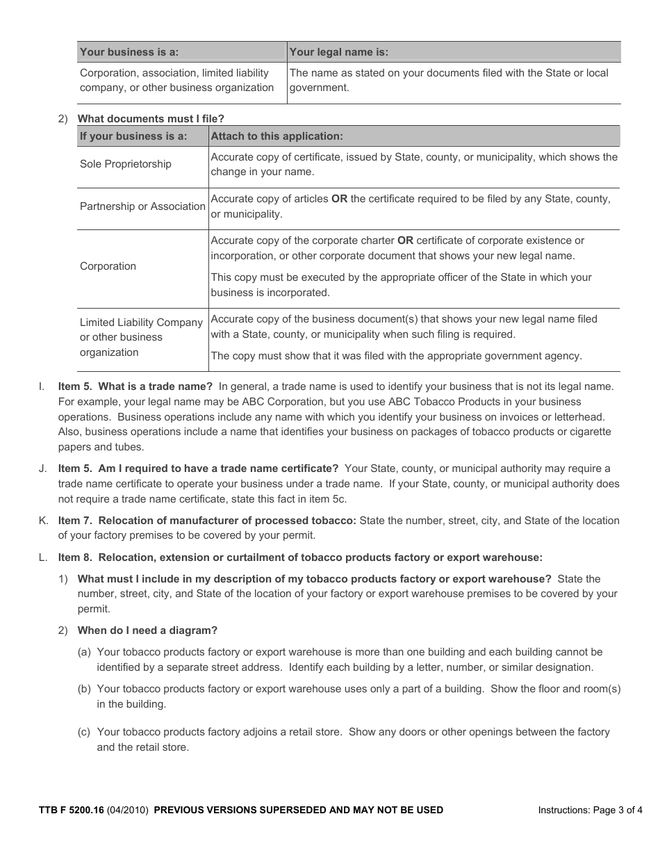 TTB Form 5200.16 Application for Amended Permit to Manufacture Tobacco Products or Processed Tobacco or to Operate an Export Warehouse, Page 5