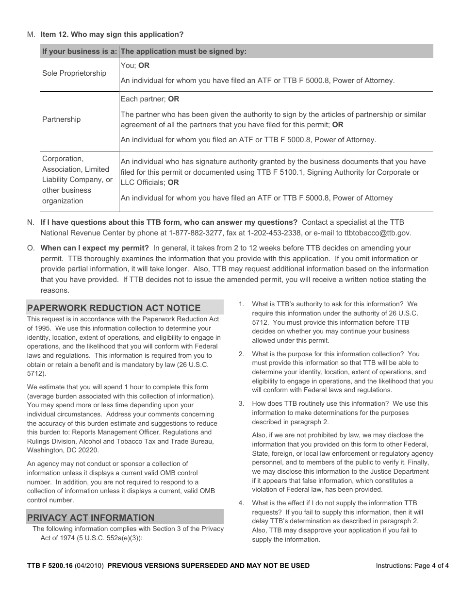 TTB Form 5200.16 Application for Amended Permit to Manufacture Tobacco Products or Processed Tobacco or to Operate an Export Warehouse, Page 6