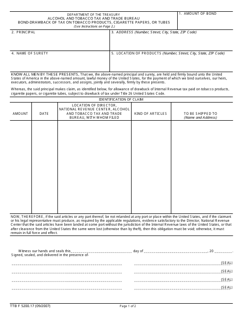 TTB Form 5200.17 Bond-Drawback of Tax on Tobacco Products, Cigarette Papers, or Tubes