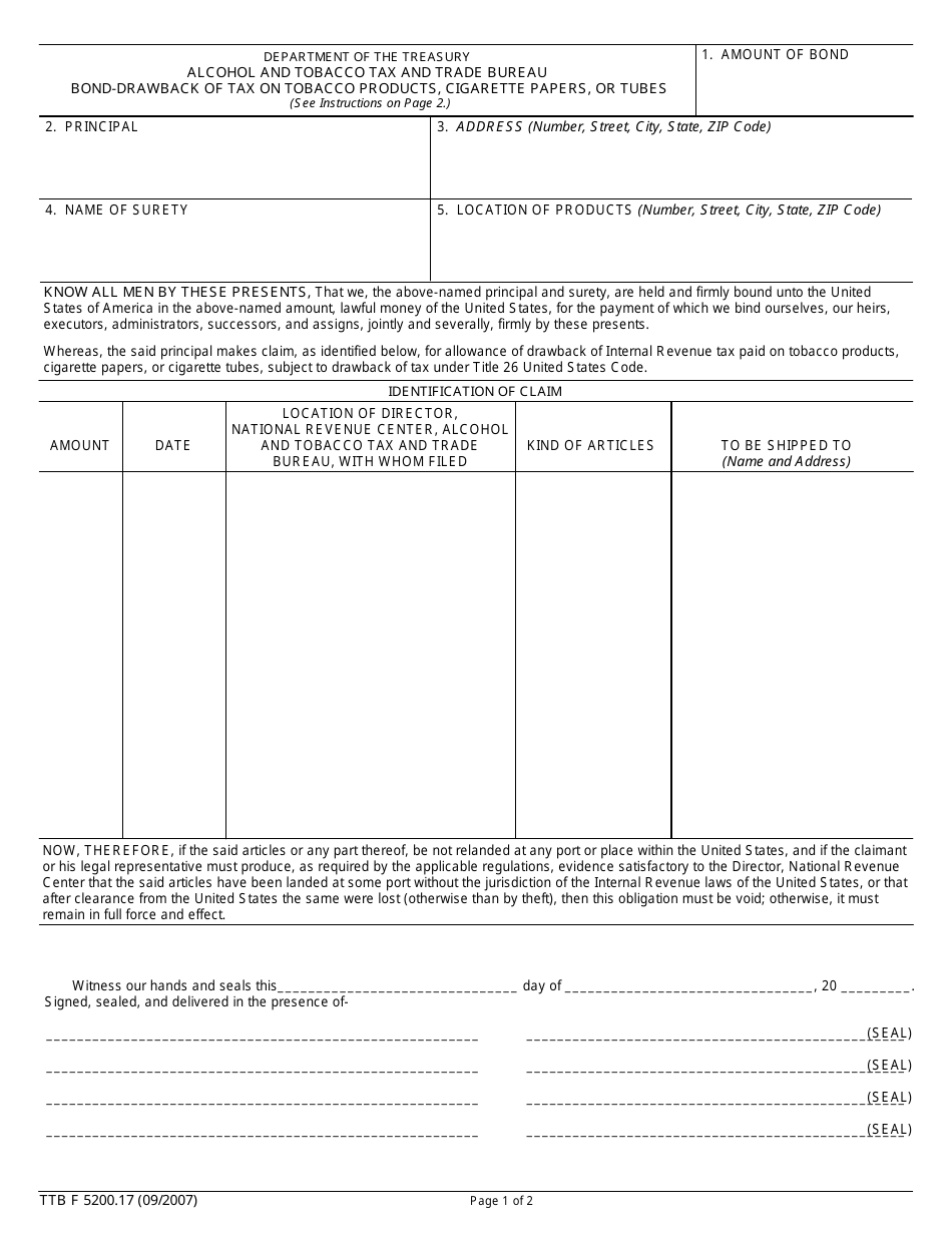 TTB Form 5200.17 Bond-Drawback of Tax on Tobacco Products, Cigarette Papers, or Tubes, Page 1