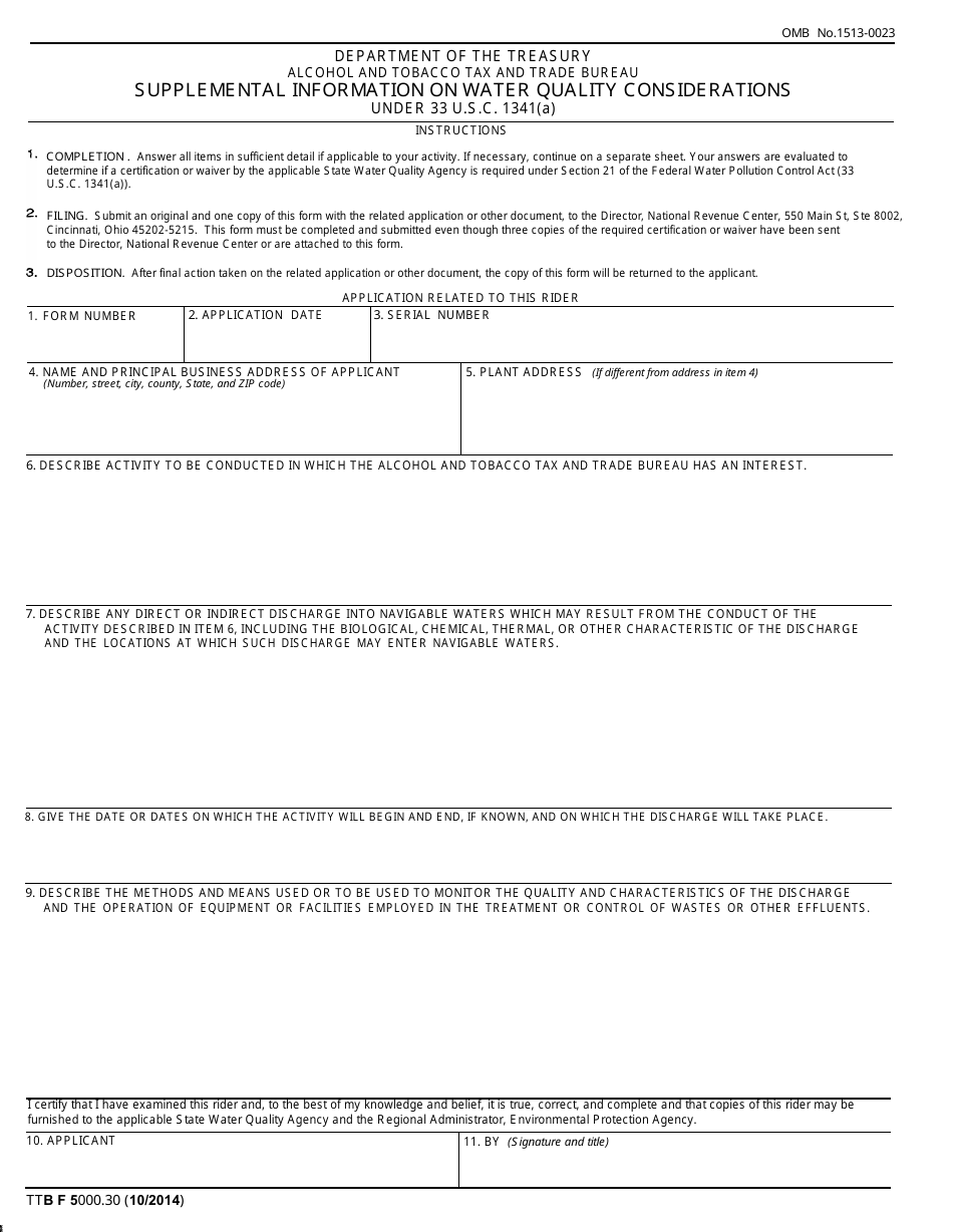 TTB Form 5000.30 Supplemental Information on Water Quality Considerations, Page 1