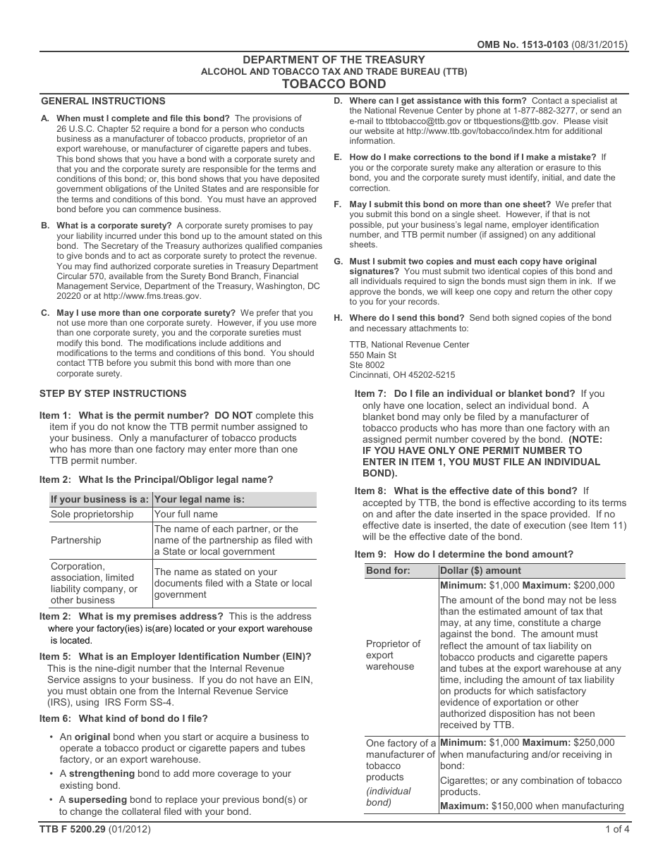 TTB Form 5200.29 Tobacco Bond, Page 1