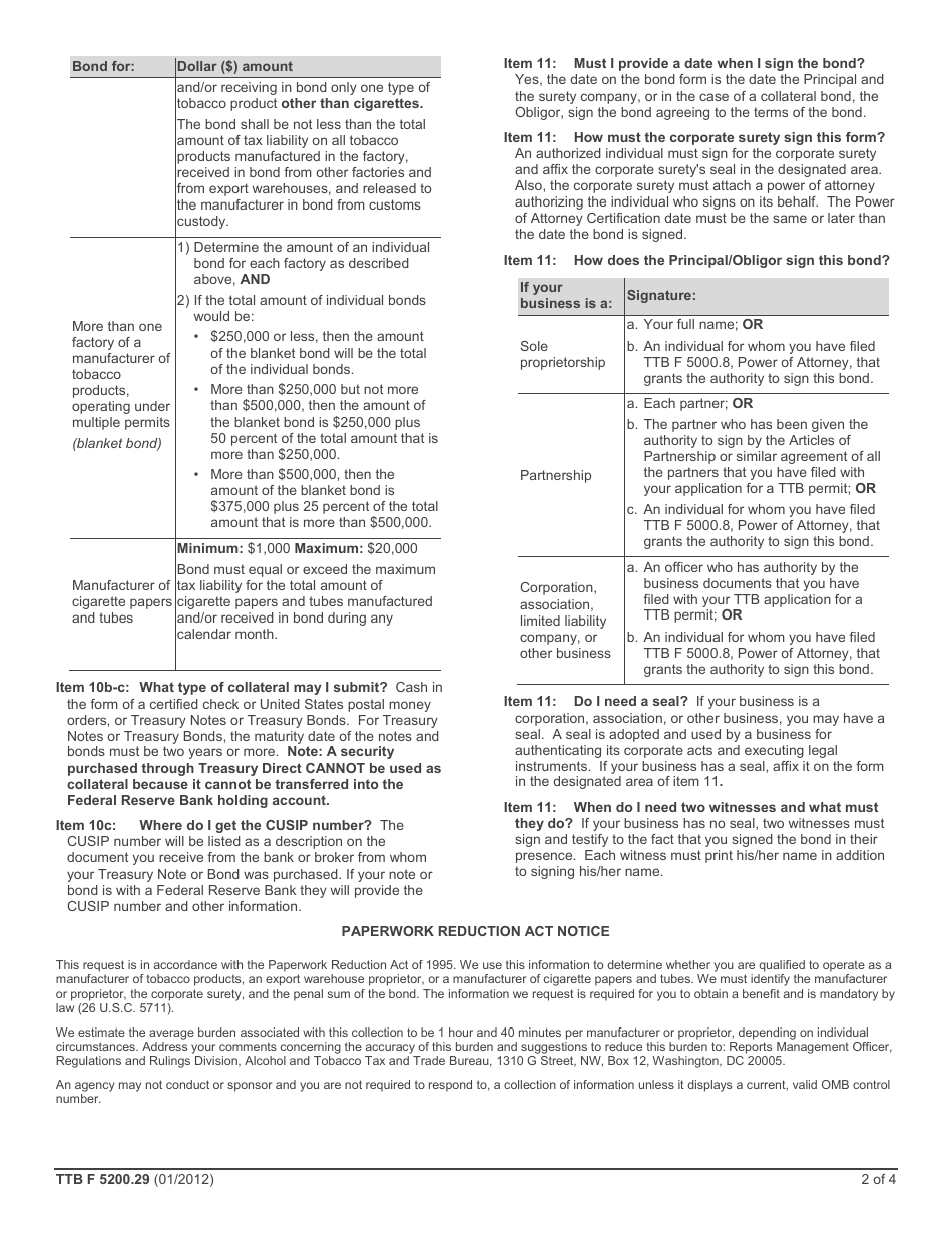 TTB Form 5200.29 Tobacco Bond, Page 2