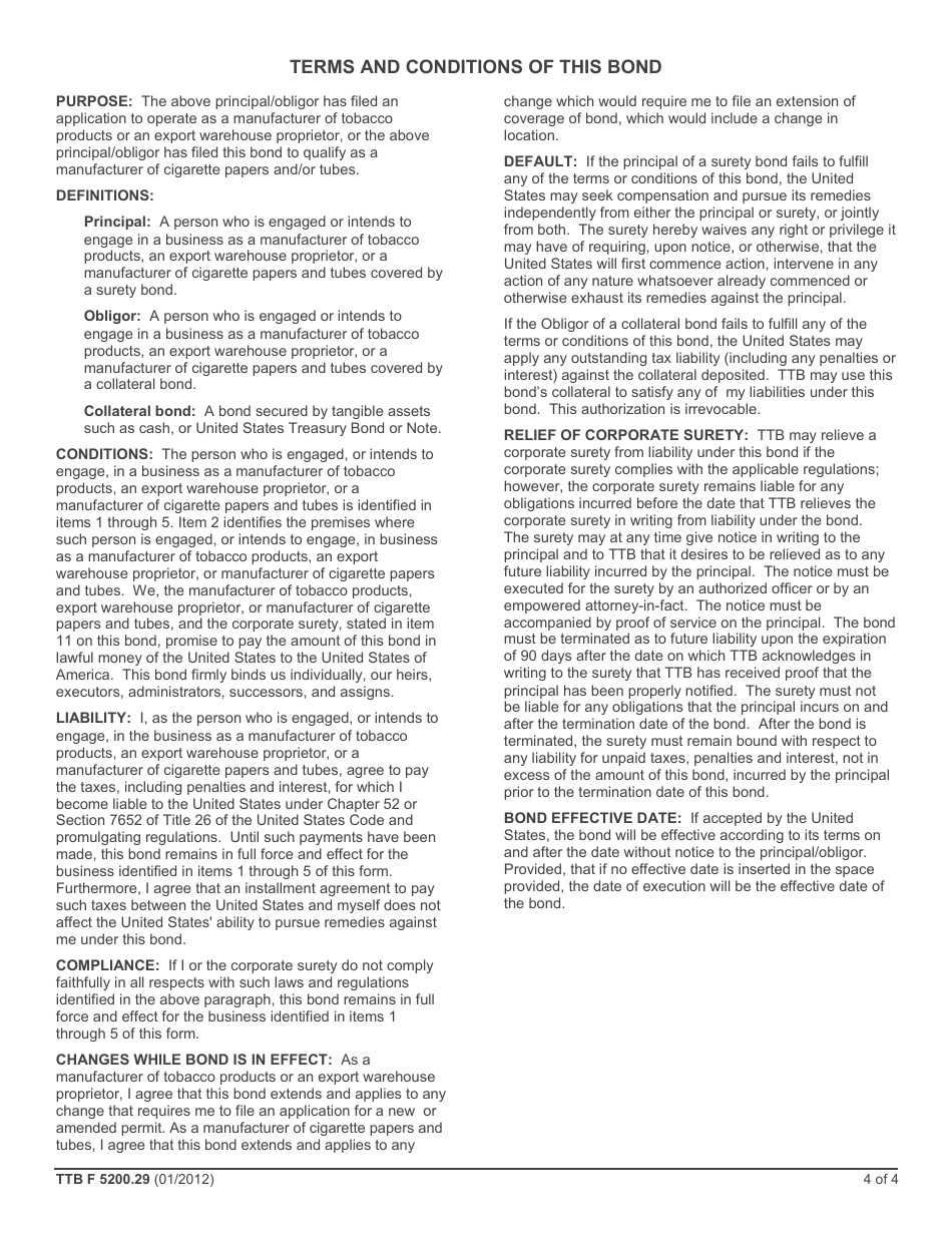 TTB Form 5200.29 Tobacco Bond, Page 4