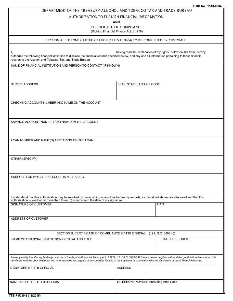 TTB Form 5030.6 Authorization to Furnish Financial Information and Certificate of Compliance, Page 1