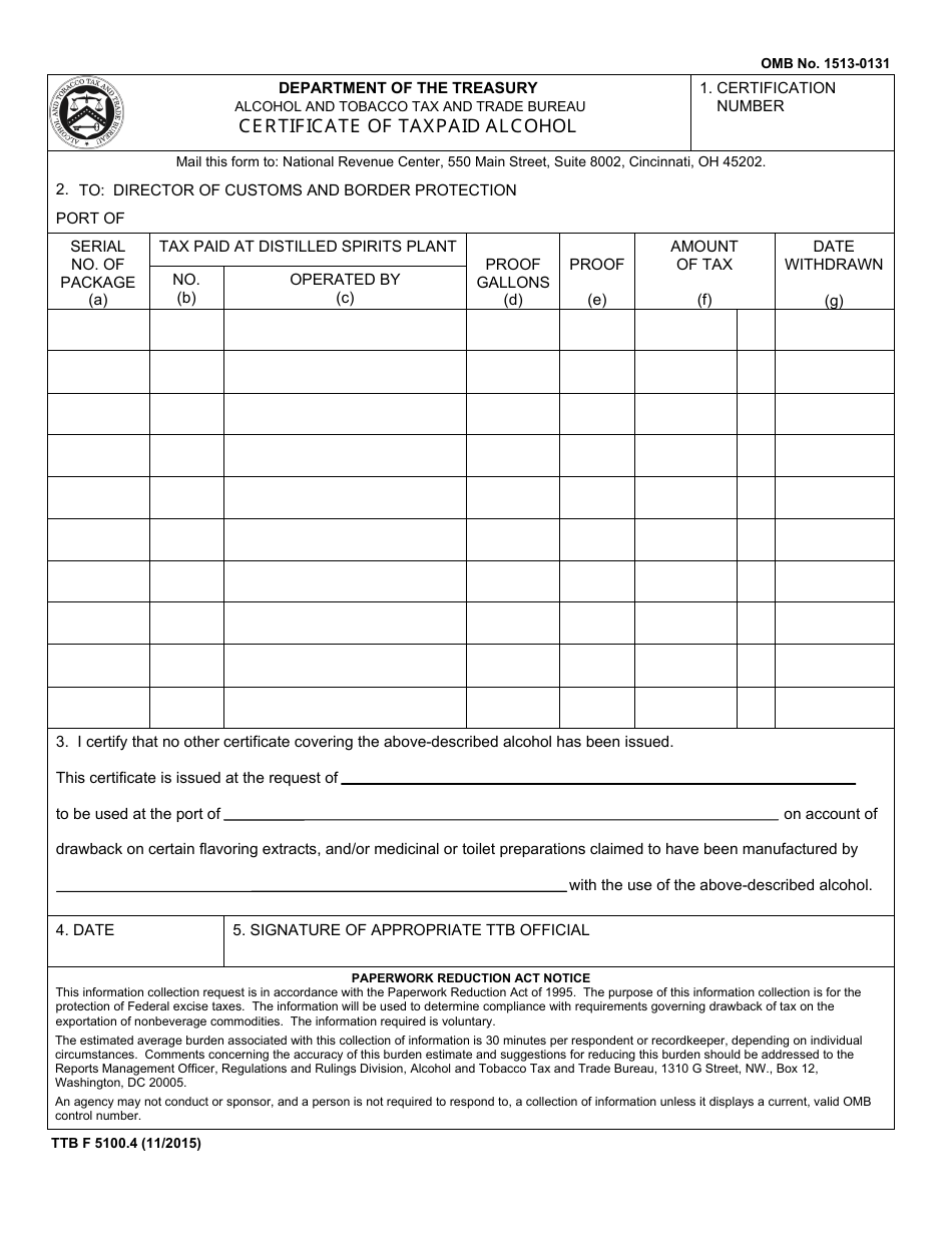 TTB Form 5100.4 Certificate of Taxpaid Alcohol, Page 1