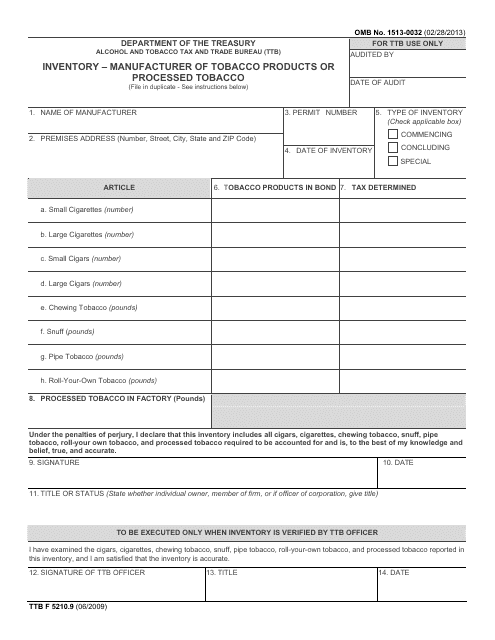 TTB Form 5210.9 Inventory - Manufacturer of Tobacco Products or Processed Tobacco