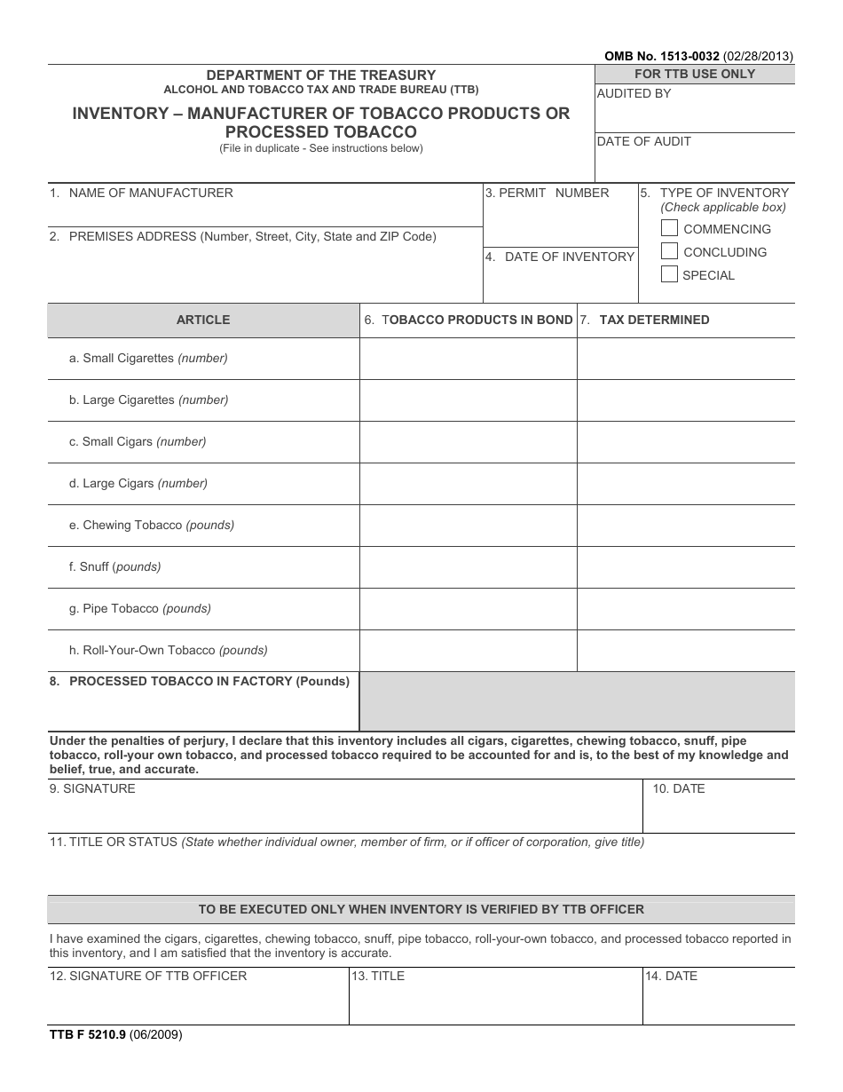 TTB Form 5210.9 Inventory - Manufacturer of Tobacco Products or Processed Tobacco, Page 1