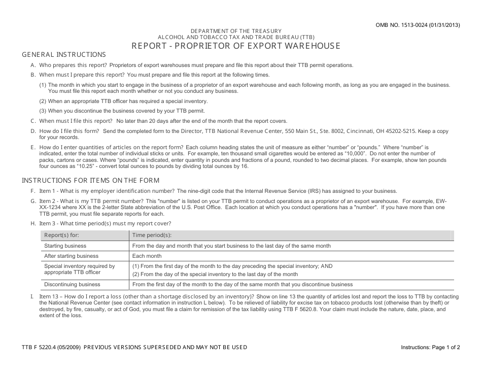 TTB Form 5220.4 Report - Proprietor of Export Warehouse, Page 1